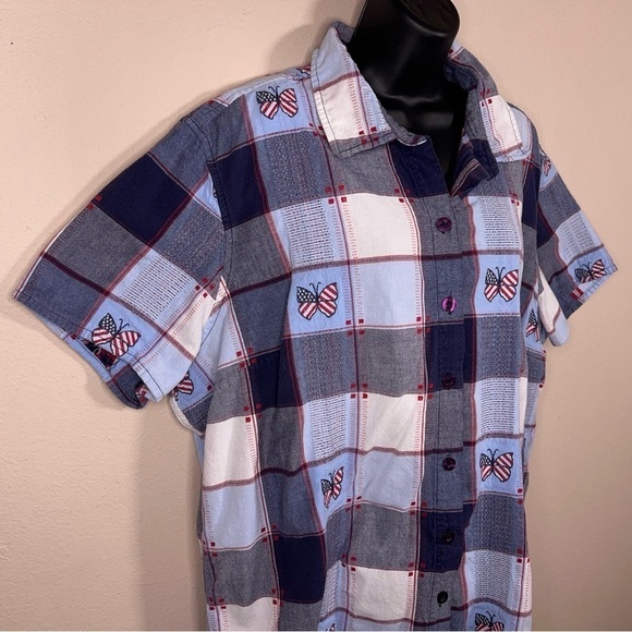 SIZE 26w 28w VINTAGE NORTHCREST RED WHITE BLUE BUTTON FRONT SHORT SLEEVE - Picture 5 of 11